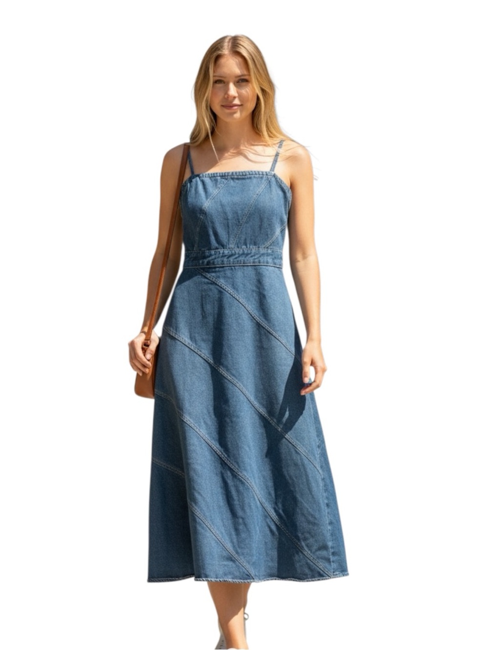 Vici Denim Midi Dress in Blue with Gold Stitching Size Small